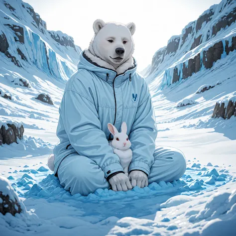 This is a cold, extremely cold place。A cute white rabbit is sitting。A cute polar bear is sitting next to it。