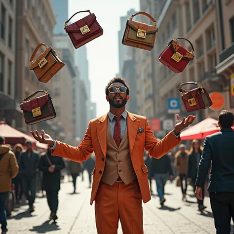 A street performer juggling Fendi bags instead of regular balls.