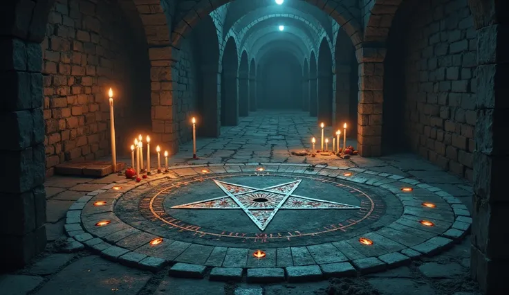 Basic basement, satanic summoning circle, candles, glowing symbols, pentagram on ground, no people in image, anime style