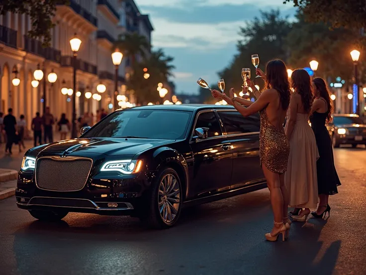 Capture a stylish, modern limousine parked under city lights at dusk. Show a group of friends dressed for a bachelorette party s...