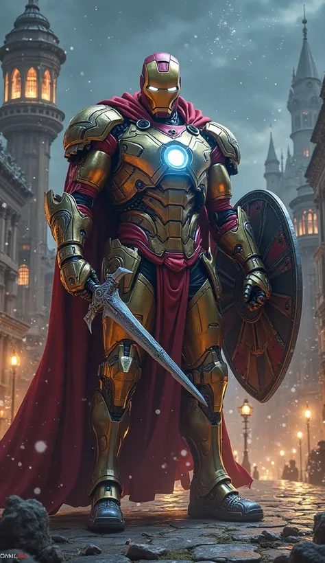 Creates an epic image of a hybrid between Iron Man and a medieval knight. The character must be huge and muscular, with armor th...