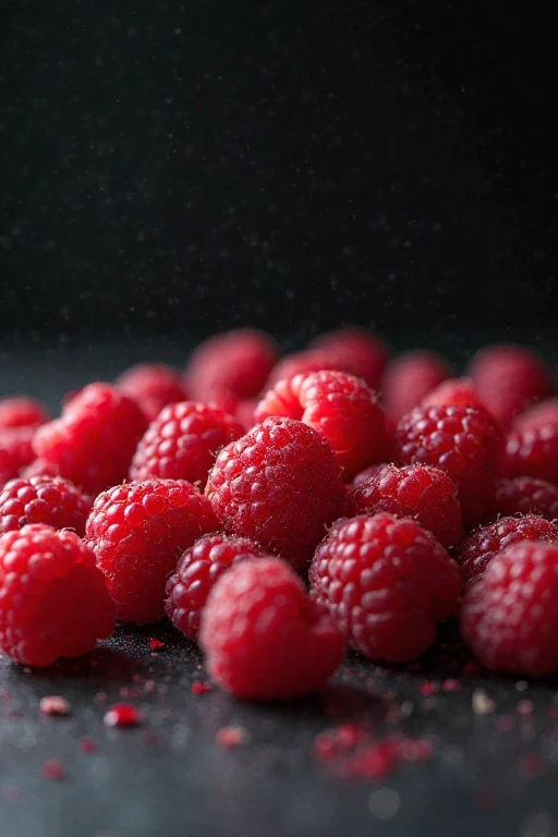Raspberries on a black background, photo above, Raspberries are spread all over the background, photo above перпендикулярно к ...