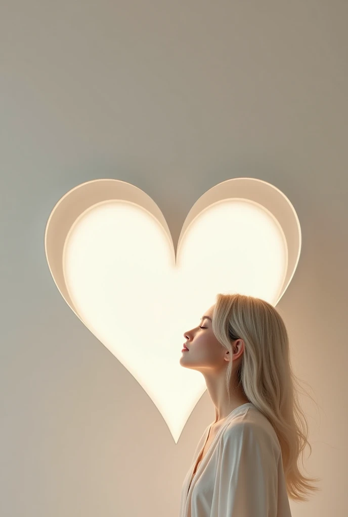 A serene woman, fragmented into clean, geometric shards of soft gray and white, glows within a simple, floating heart outlined i...
