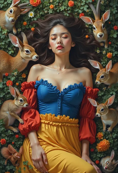 real human, with beautiful face, unconsciously lying on a bed of flower petals, wearing royal blue dress. showing large breast ...