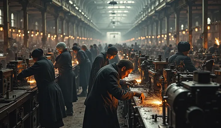 A bustling factory scene during the industrial boom, with rows of machines operated by workers in heavy, dark clothing. The fact...