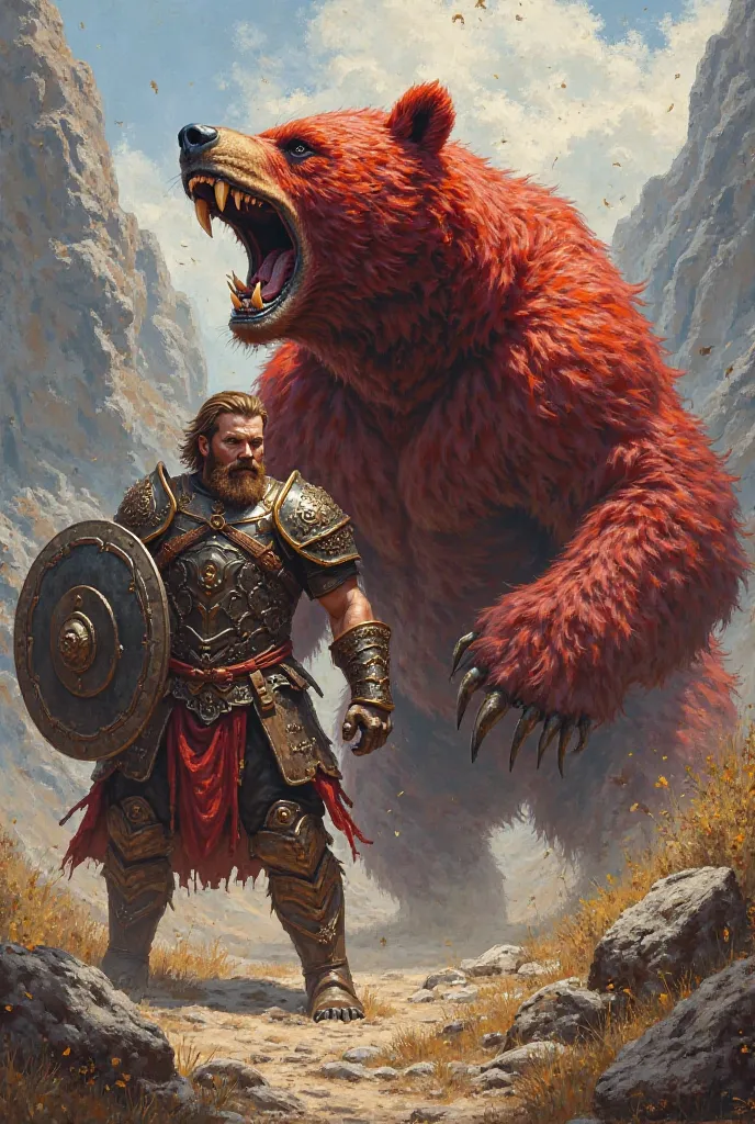 Paint "K87 MAHMUT" on a red toned roaring bear and a warrior male with a shield next to him