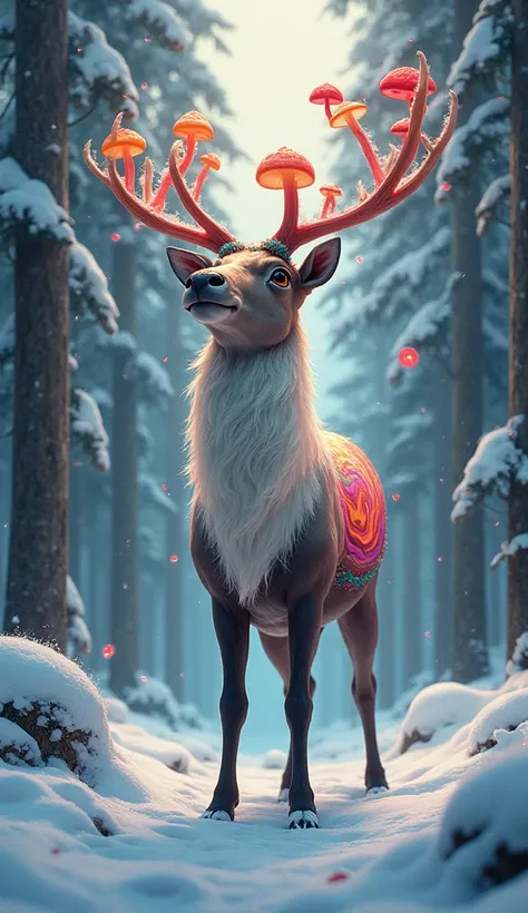 "A majestic reindeer in a snowy Siberian forest, eyes wide and dreamy after eating psychedelic mushrooms, with colorful hallucin...