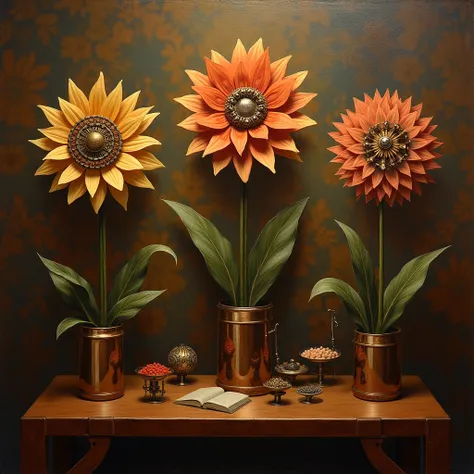 surreal and abstract painting of a mysterious ancient art deco room with different mechanical flowers made of old steampunk mach...