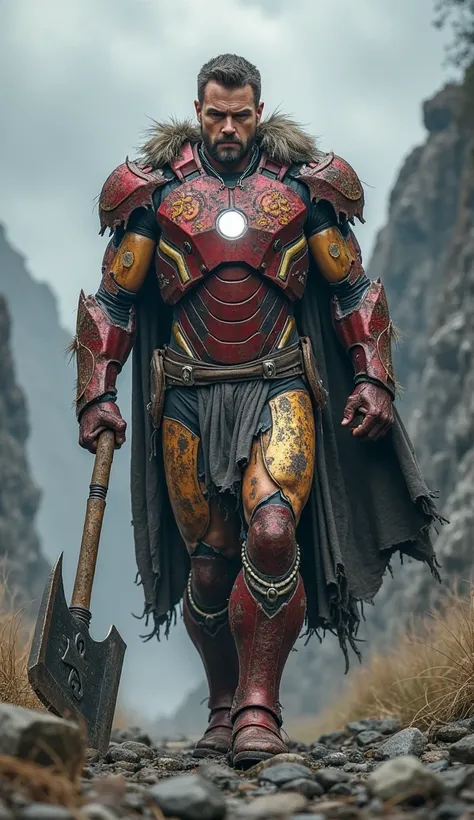 Marvel Iron Man with his frayed suit and rusted parts with runic symbols in a Viking version with an axe in his hand walking tow...