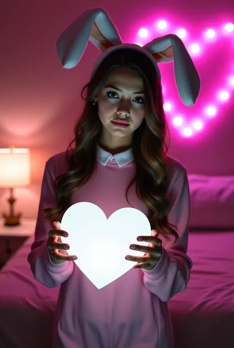 A selfie of an 18-year-old very busty blonde woman wearing a very tight bunny outfit in a bedroom with dark lighting. The woman ...