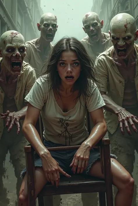 Add more people and make them look so desperate like zombies and make the girl cling to the chair as she is getting pulled