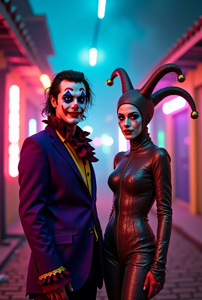 casal de brasileiros   ultra realistic , Man dressed as a joker and woman dressed as a harlequin, image angle Low Angle Contra P...