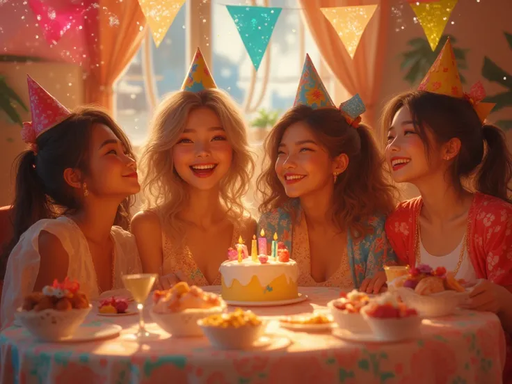 Picture a group of agers, of three girls and one guy, celebrating their birthday at a festive table
