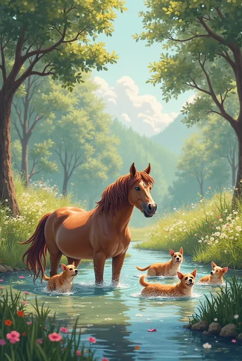 Horse relaxing with little dogs bathing and having fun in a clearing 