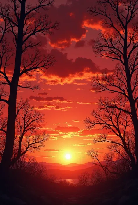 The fiery red sky casts a warm glow over the clouds, tinted by the silhouettes of tree branches reaching towards the heavens. Th...