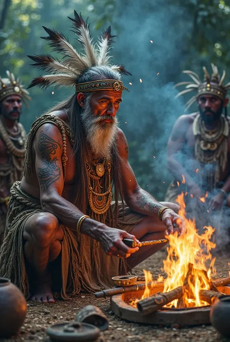 An elderly shaman performs a sacred ritual around a bonfire, wearing a traditional indigenous outfit with mystical patterns and ...