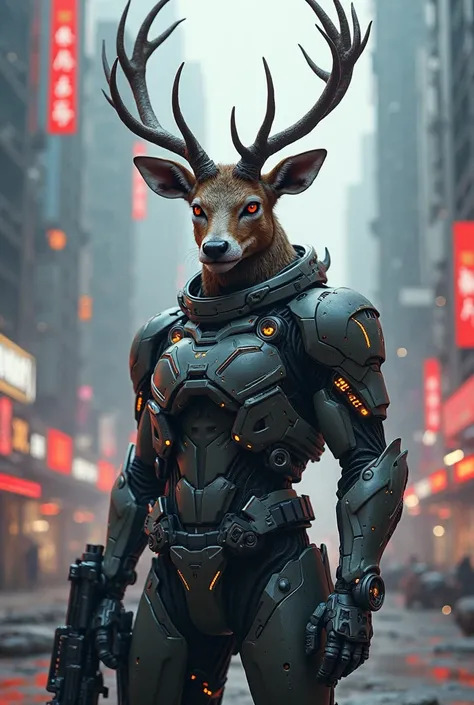 A soldier from the future with the head of a deer and the body of a human like of special forces