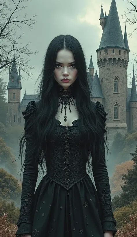 Color sketch. Wednesday Friday Addams (Jenna Ortega). Gothic castle. High detail. Hyperrealism. Ideal correct anatomy. 16K. Myst...