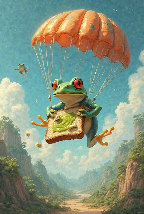 Frog eating bread with bones and avocado jelly in a parachute above the equator