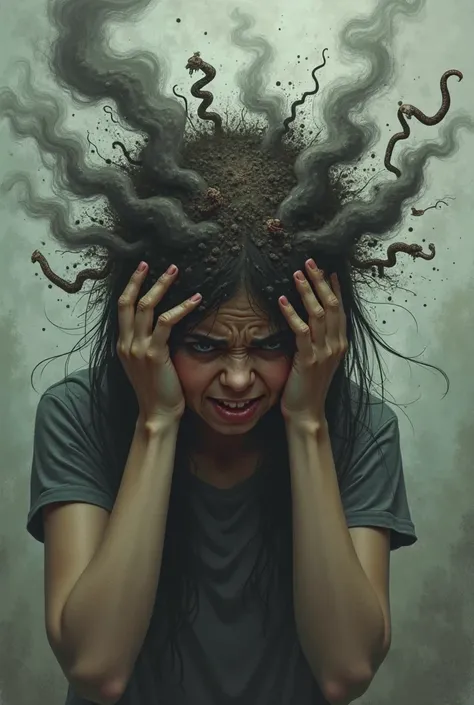 Create an image of a troubled person hitting the head with dark and confused thoughts, smoke coming out of her head, worms and d...