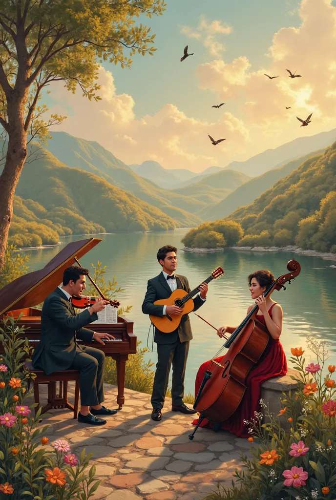 create an image containing a beautiful landscape that refers to the art of singing. The image must contain a piano, a guitar and...