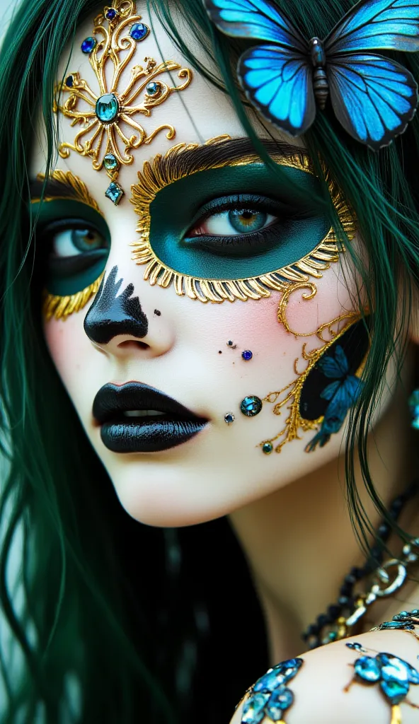 A captivating woman A face adorned with makeup or complex, resembling a decorated skull, often associated with Day of the Dead c...