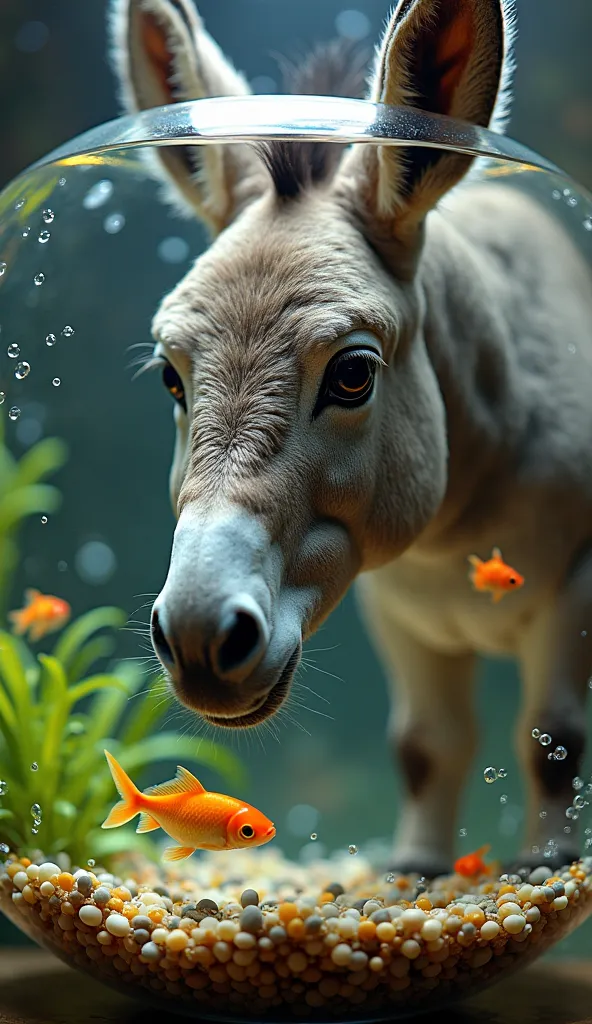 *" An ultra realistic donkey , with short, detailed fur in shades of gray and brown, inside a round crystalline glass aquarium. ...