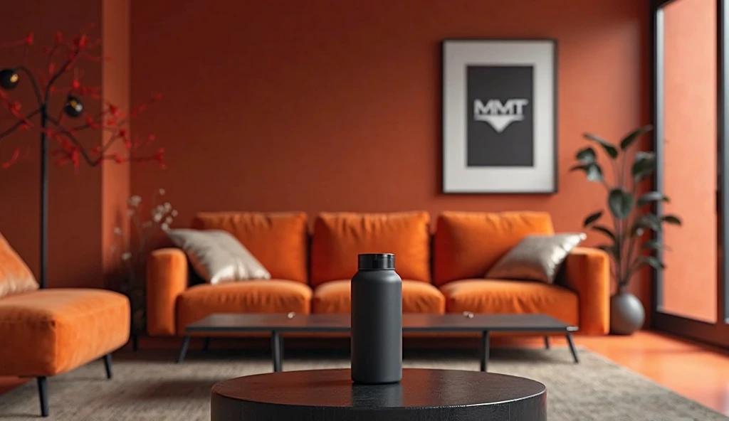 Create a very modern room, with a matte black thermos cup on the coffee table, with a frame in the background with the MMT Store...