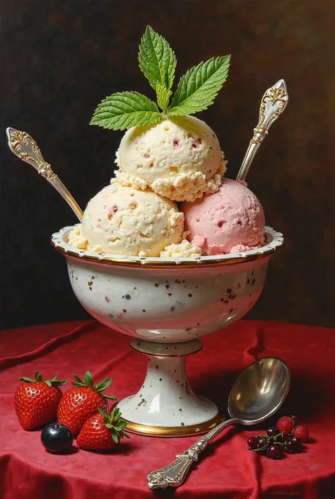 An oil painting of an ice cream sundae with mint leaves on top. The bowl needs to be very detailed ceramic, and the spoons need ...