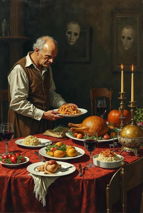 Table covered with exquisite delicacies (golden roasts, shiny fruits, wine in glass glasses), but with ghostly reflections of fe...