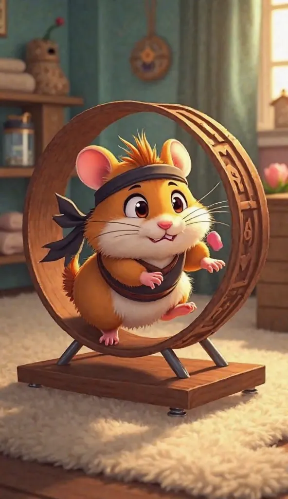 A cartoon-style hamster named Takeshi, wearing a small samurai headband, is intensely training on a typical hamster wheel inside...