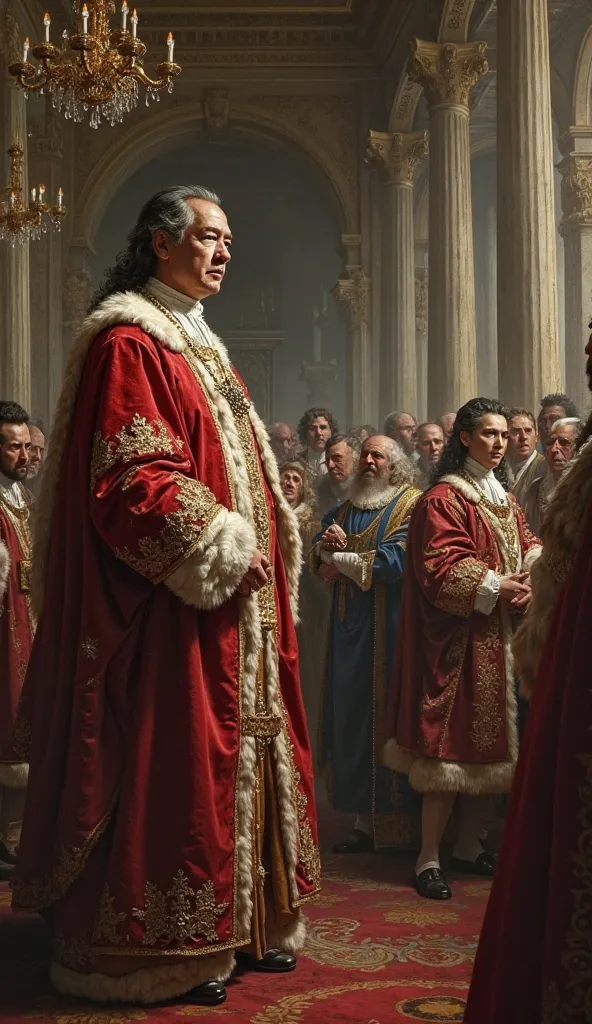 "A hyper-realistic painting of Cardinal Richelieu standing in the shadows of a grand palace, watching nobles argue in a lavish h...