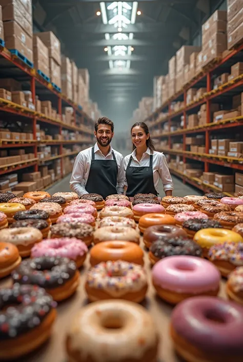 generate a warehouse with a lot of donuts with a man and a woman standing behind them