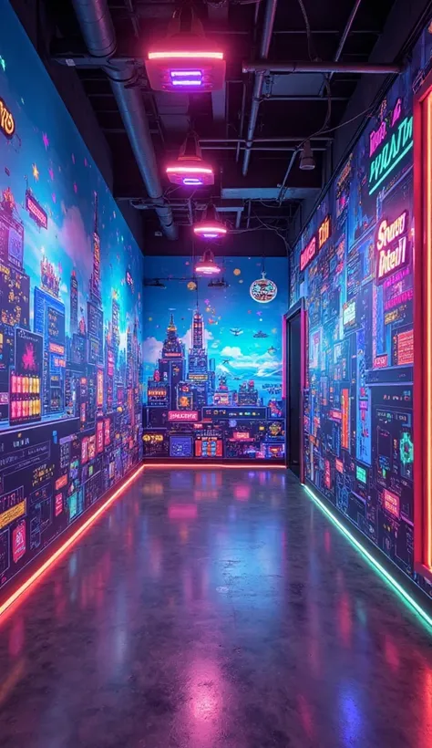 A vibrant and dynamic mural design for a gaming area wall, featuring a retro arcade theme with neon colors, pixel art details, a...