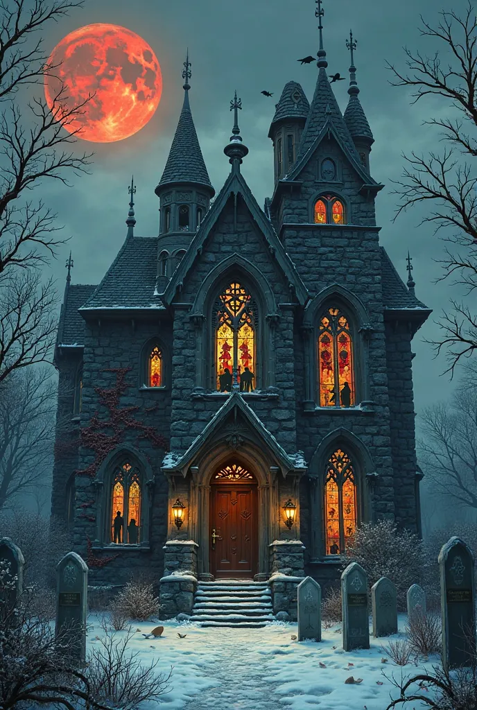 *Tarot Card "house"  in Gothic style:**  

In the background **of a winter night**, shrouded in mist, towering **, a gloomy mans...