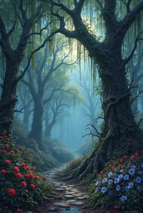 a beautiful dark gothic forest with creaks and moonlight shinning through it willow trees and cherry blossoms with roses red spi...