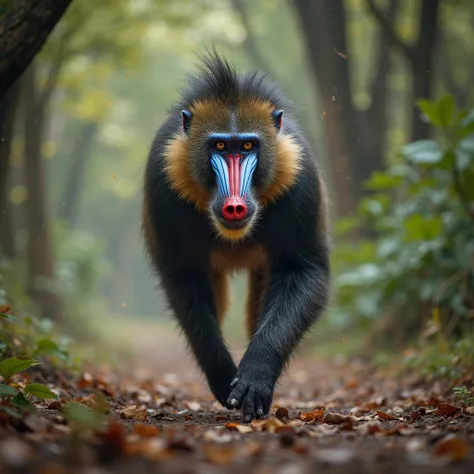 Wild Mandril running in slow motion towards the front