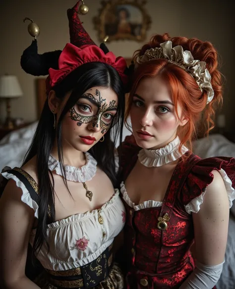 (Super wide angle shot:1.5),  two girls, one with black hair, ((dark brown eyes )) from Iran with Persian appearance, eyeliner, ...