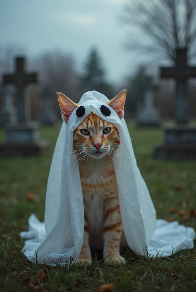 A young and cuddly orange cat is dressed in a ghost costume, using a white sheet with two holes blacks for the eyes cut out at t...