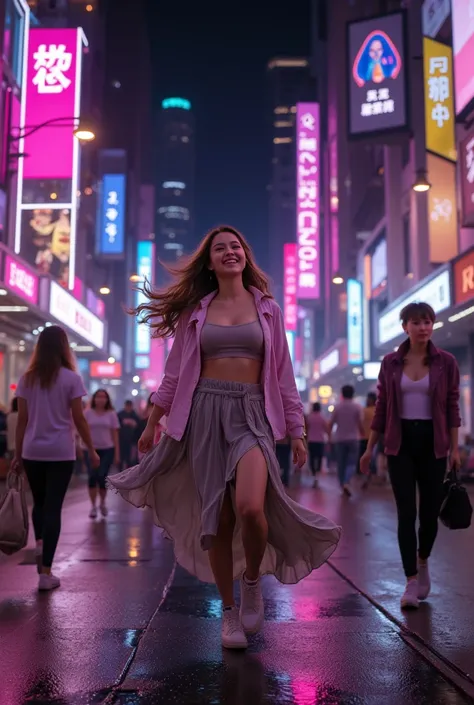 A young woman with a radiant smile dances joyfully in the middle of a bustling futuristic city street, surrounded by neon signs,...