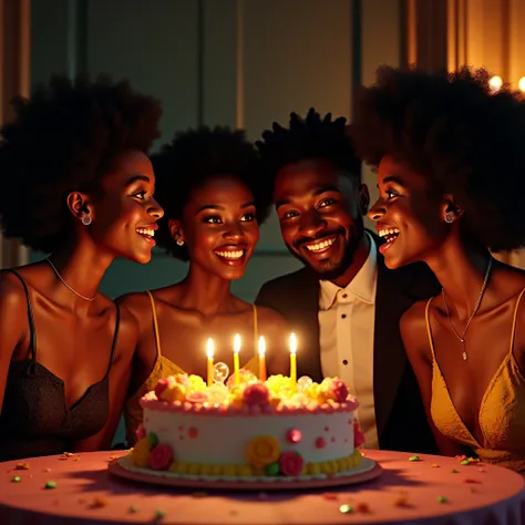 REALISTIC IMAGE OF 4 BLACK PEOPLE. In the middle a birthday cake. The image must be hyperrealistic style.
