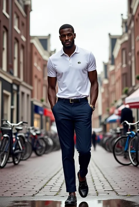 Black man dressed as Lacoste and pants in a city in the Netherlands .