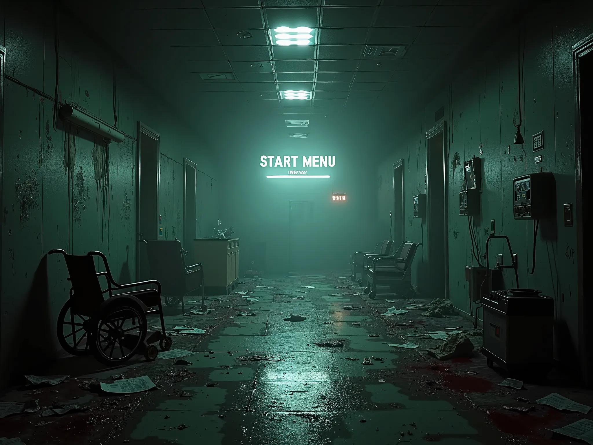 Can you give me a start menu screen for a shooting video game that takes place inside a hospital/ Abandoned laboratory, The back...