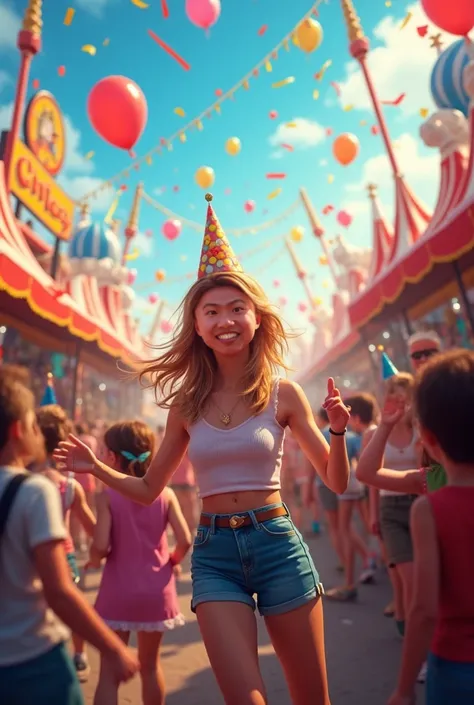 Without changing the image of the person in the picture,Generate a carnival scene where everyone is on the right celebrating the...