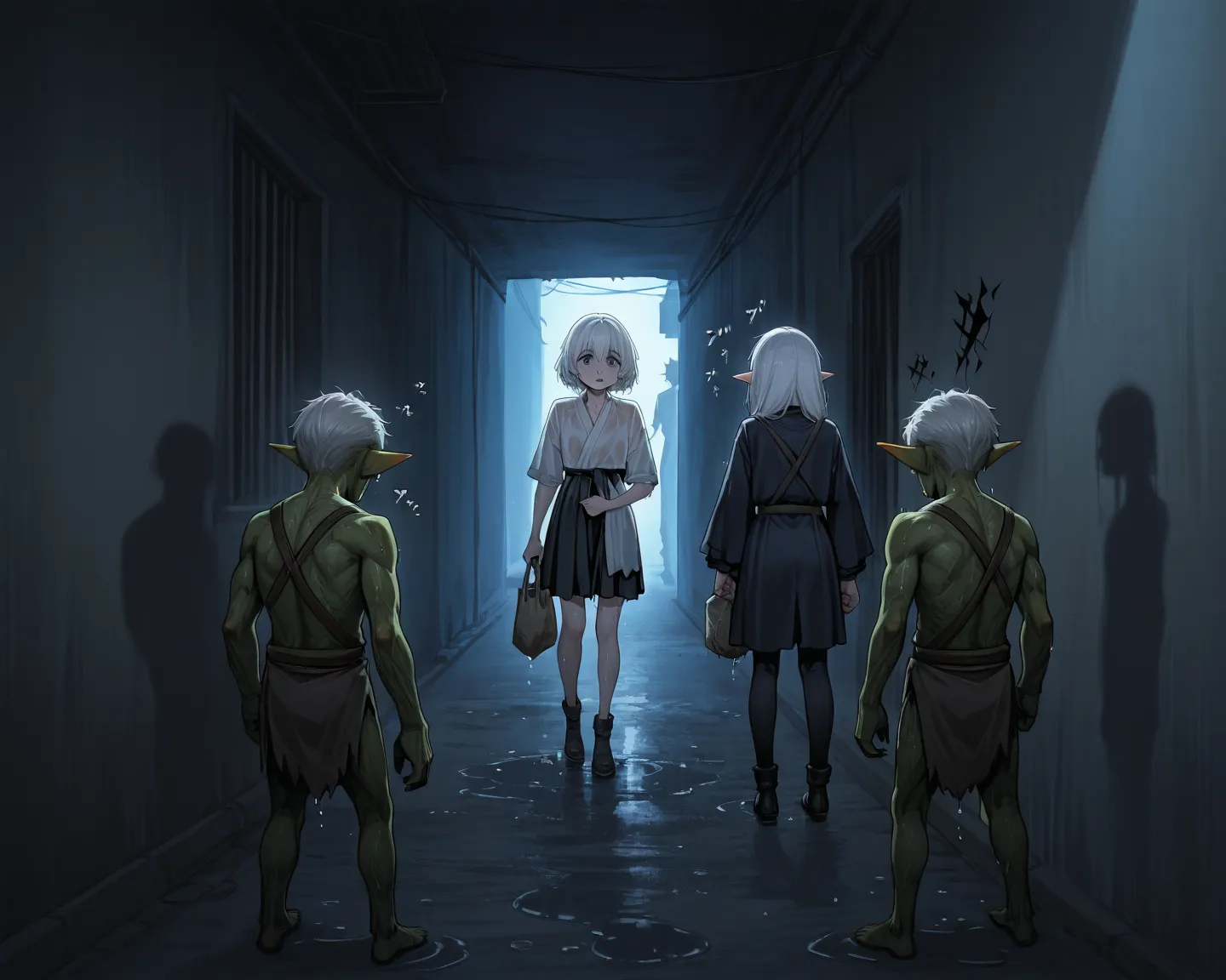 1 girl surrounded by big goblin men,touching girl, white hair, wet, grabbing ass, night , in alley, cleavage