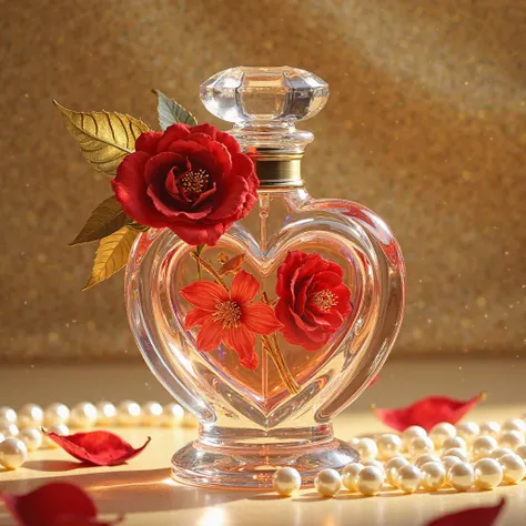 THE COMPOSITION, a crystal perfume bottle decorated with red roses and lilies with large leaves, a crystal heart on A CRYSTAL ST...