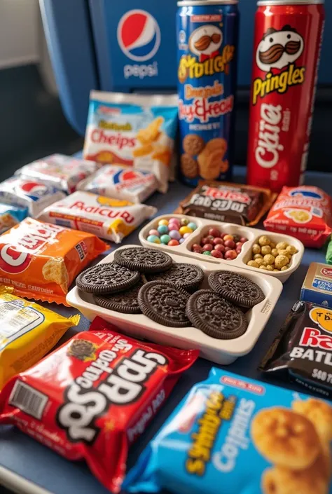 Various candies. Oreos, Pringles potatoes, Maria Puig cookies, gummies, Cocacola and Pepsi refreshments on a table from a plane ...