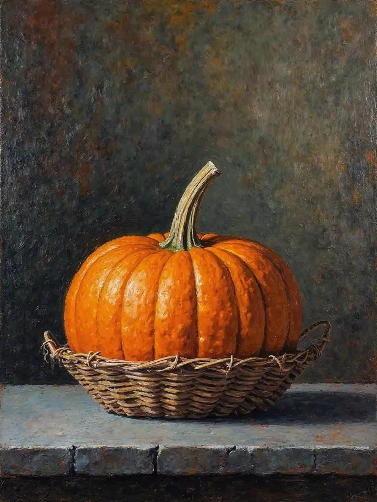 Oil painted picture with thick brushstrokes. The composition is “squash pumpkin”.. About basket” All seen from the front. The su...