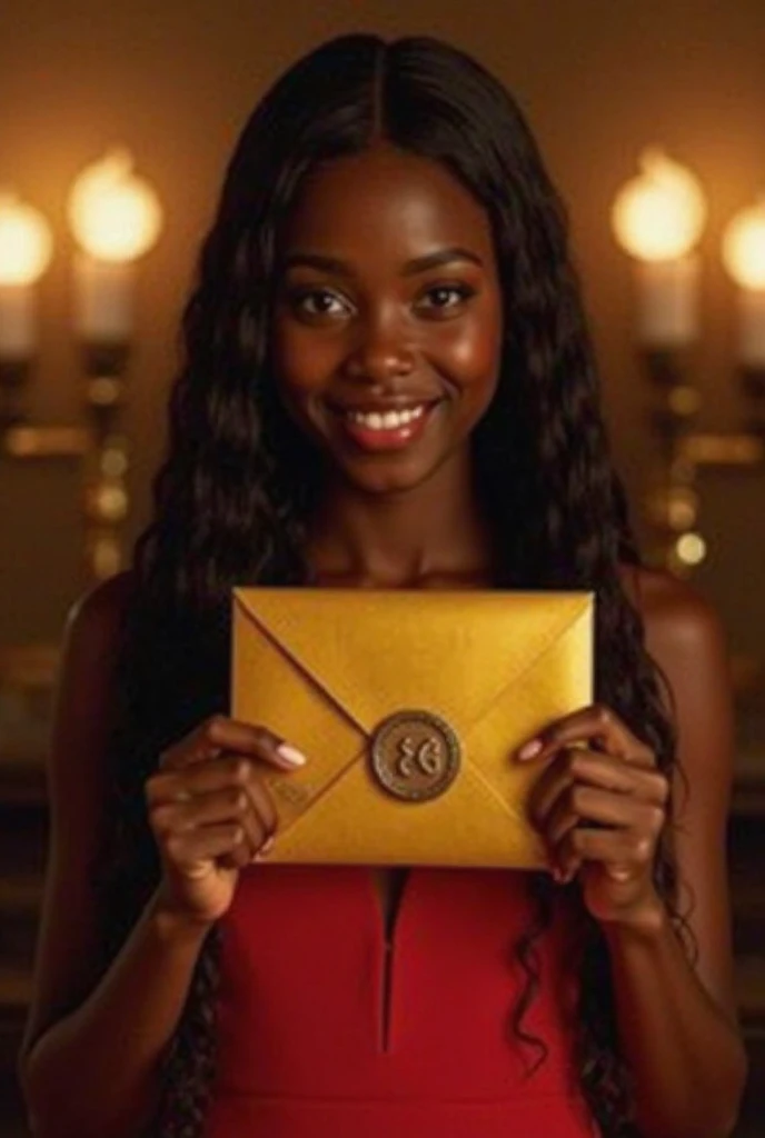 At 26, Zala, a stunning African girl with long black hair flowing down her back, stands in a soft glow. Wearing a vibrant red dr...