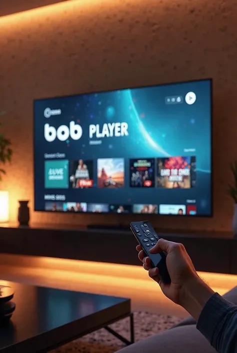 A large flat-screen television mounted on the wall of a modern living room, displaying the interface of a streaming app called "...